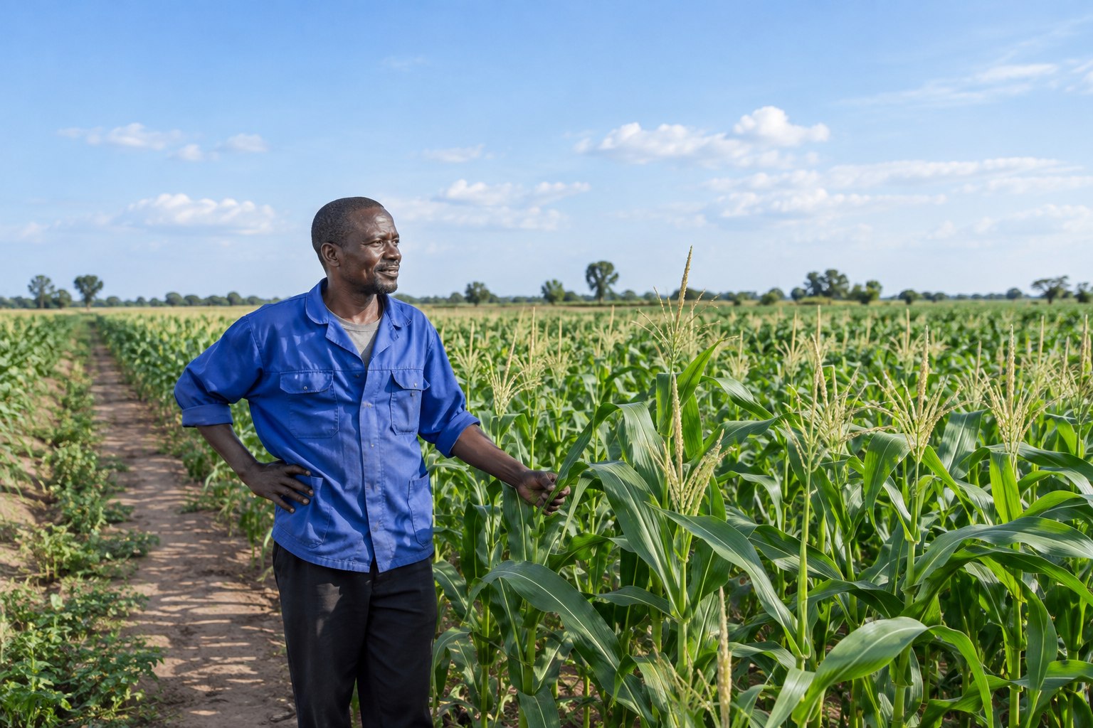 Illustrative farmer beside a maize field