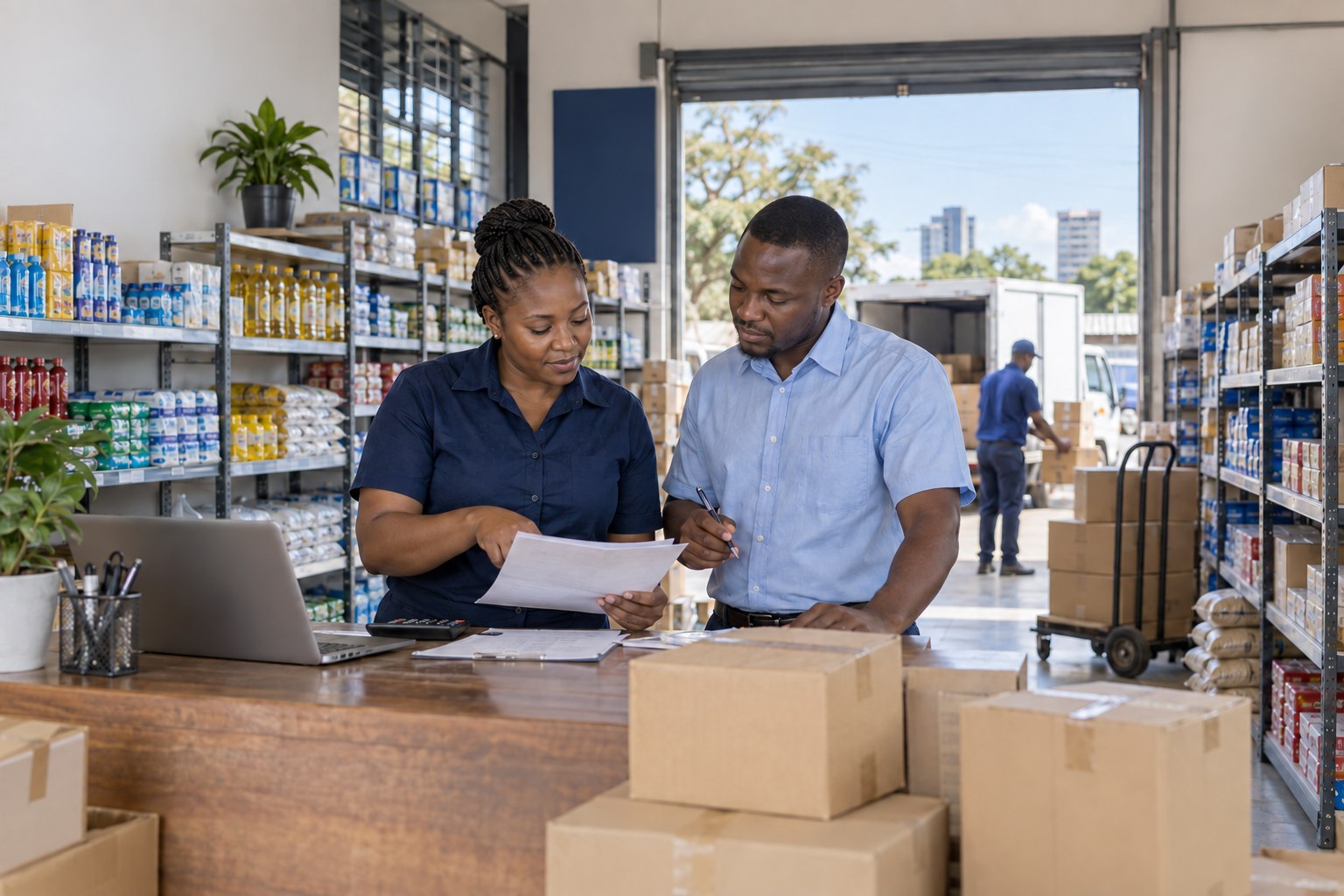 Illustrative business owners reviewing orders in a shop