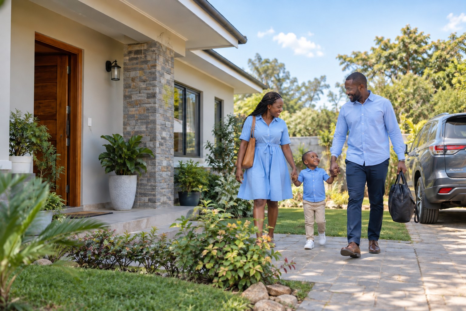 Illustrative family arriving home together